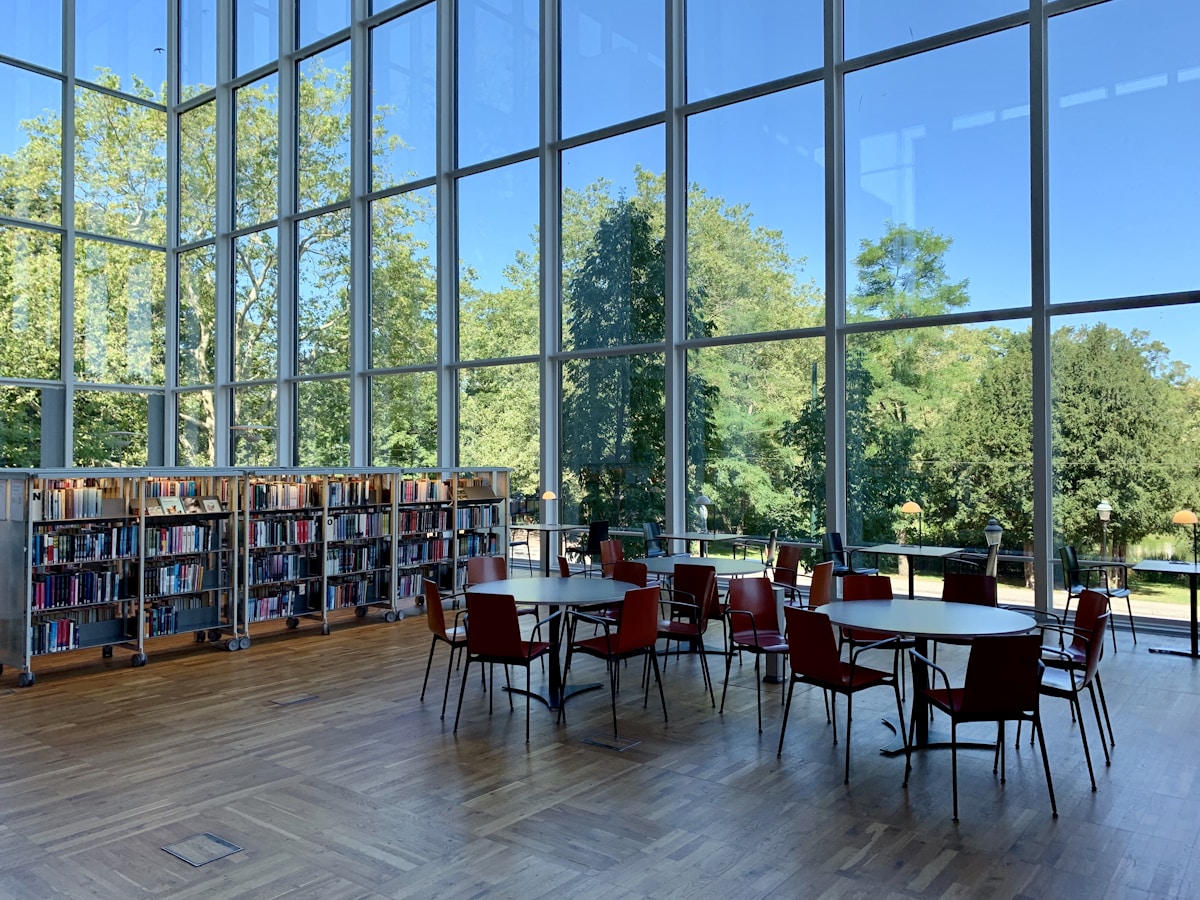 Modern campus architecture at sunset